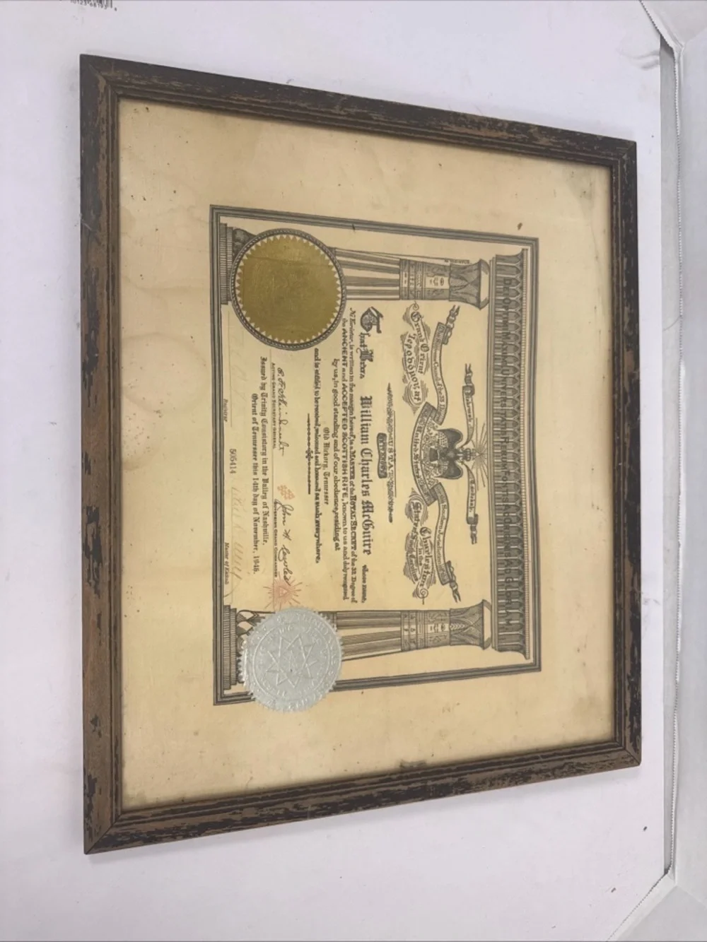 Dei Optimim 1946 Certificate 32rd Master Royal/Ancient/Scottish Degrees 17in-14i